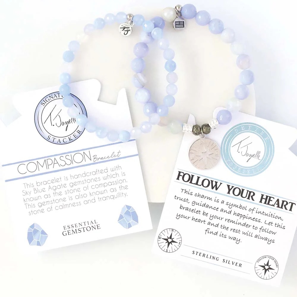 T. Jazelle Sky Blue Agate Bracelet Set - 6mm and 8mm Bracelet with Charm